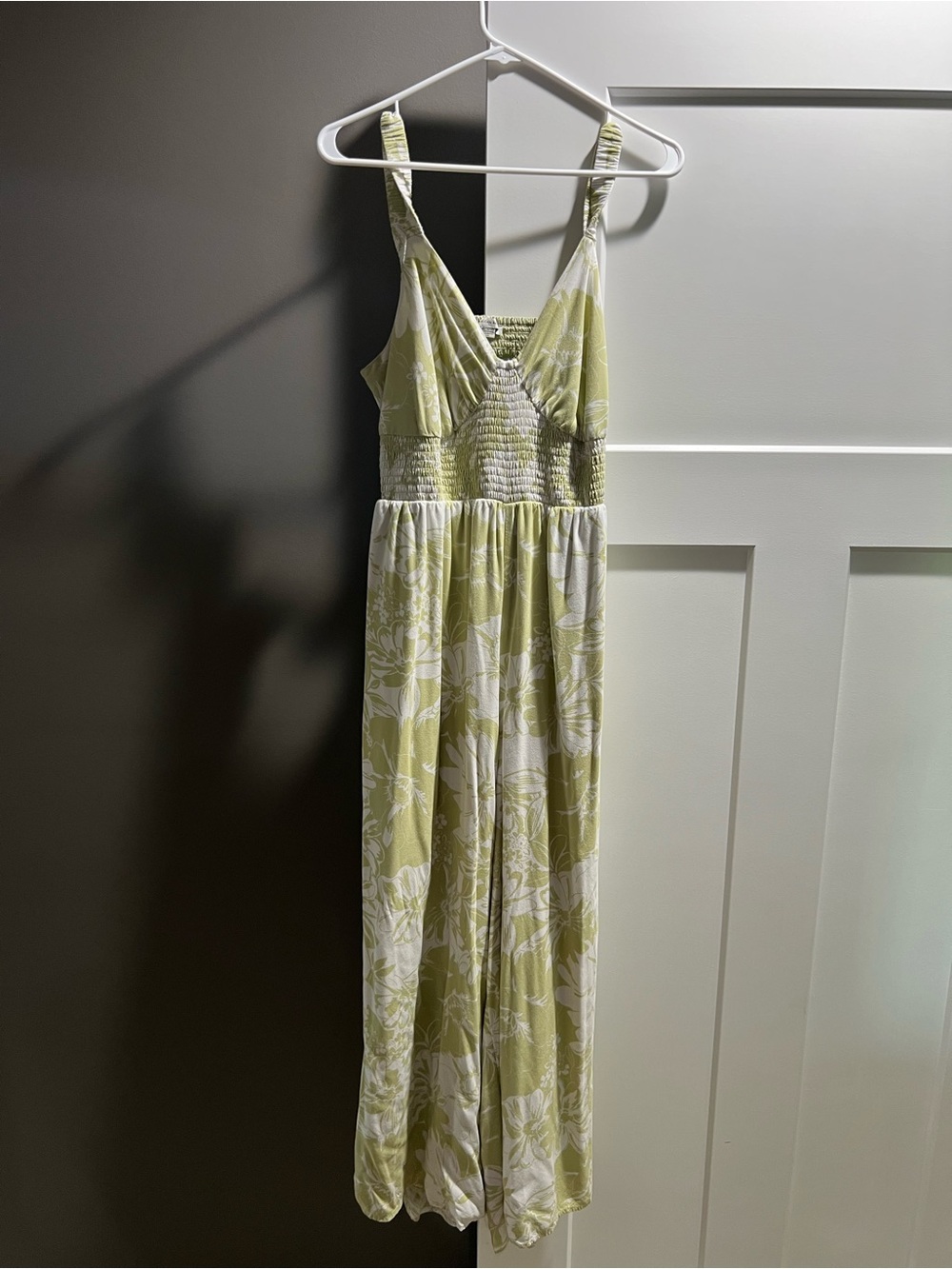 American Eagle Green Floral jumpsuit with Smocked Waist